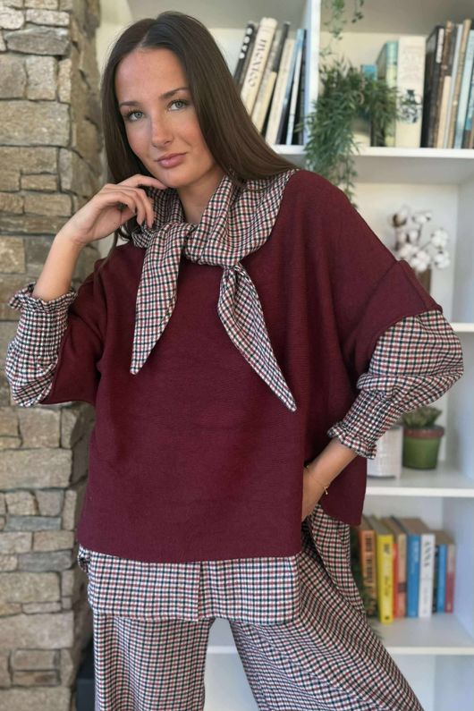 Donald Plaid Brushed Cotton Neckerchief Blouse Blackberry